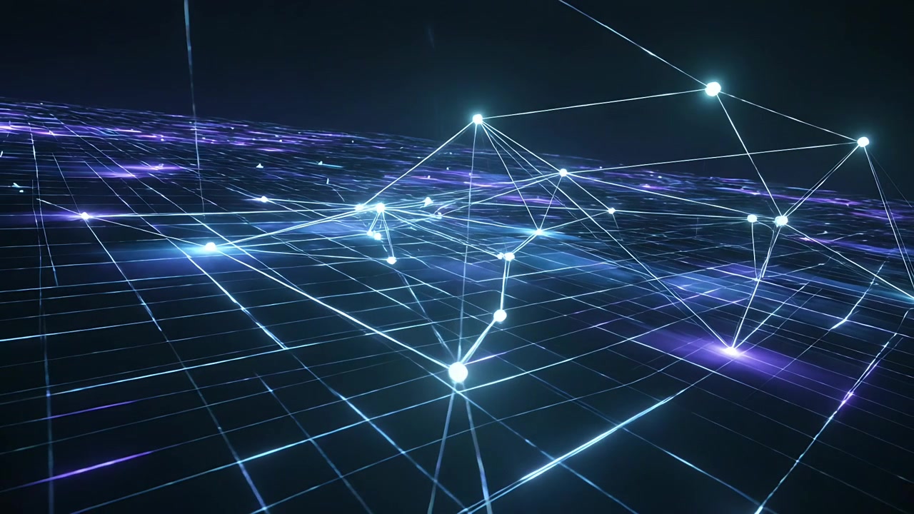 Pulsing node network lighting as particles sweeping left, beaming onto dark grid plane showing flow