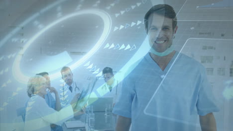 in school, medical professionals discussing patient data with animation overlay