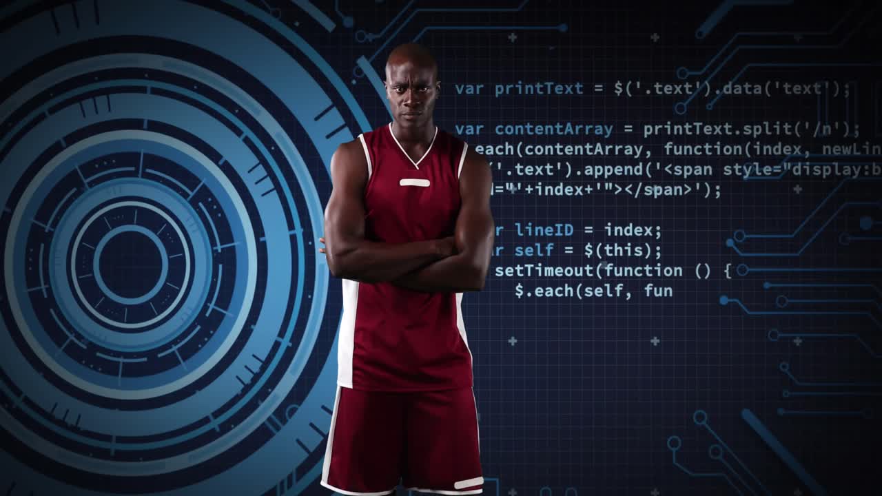 jugador de baloncesto afroamericano contra escáner redondo y procesamiento de datos en fondo azul