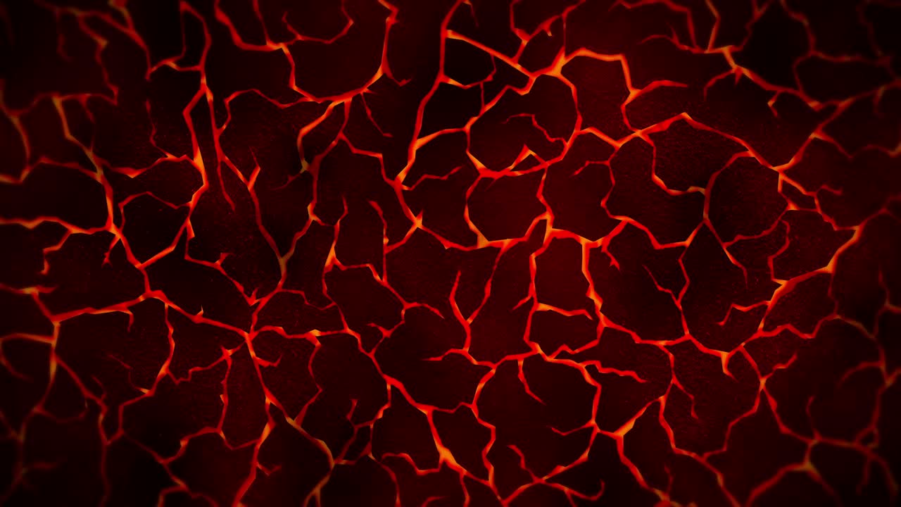 Mørk baggrund med rød revnet jord. Røg, Tåge, Støv. Loop animation af smeltet lava. Jordoverflade. Brændende varmt gulv