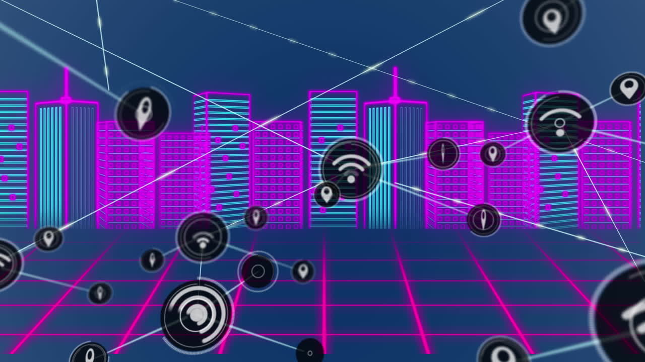 Animation of network of connections with icons over cityscape