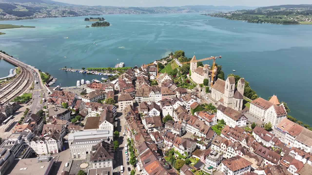 Bird's-eye view of the picturesque city known as Rapperswil-Jona or Zürichsee, with the upper shore of Lake Zurich in the background, Switzerland.