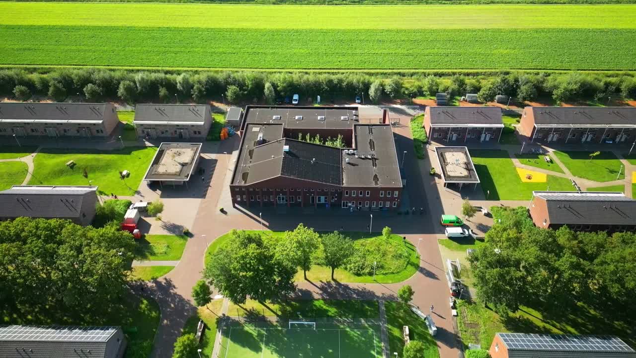 Aerial View of a Residential Area with School and Sports Field