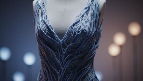 stunning artistic fashion design: a close-up of an intricate dress showcasing unique fabric details and modern aesthetics in a unique color palette