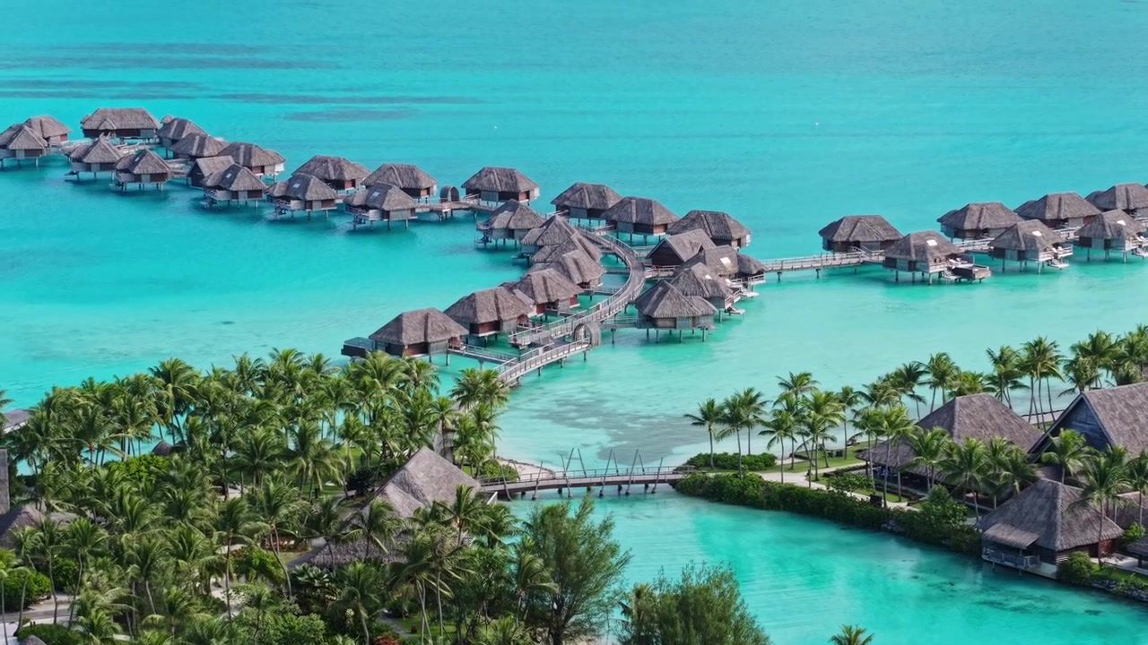 Bora Bora Island French Polynesia, Drone View of Luxury Desert With Lagoons and Overwater Villas