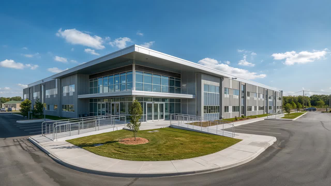 Showing modern 2-story office building at office park with glass wall, passing car briefly entering
