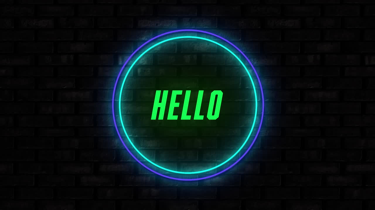 Animation of hello text in neon circle over black background