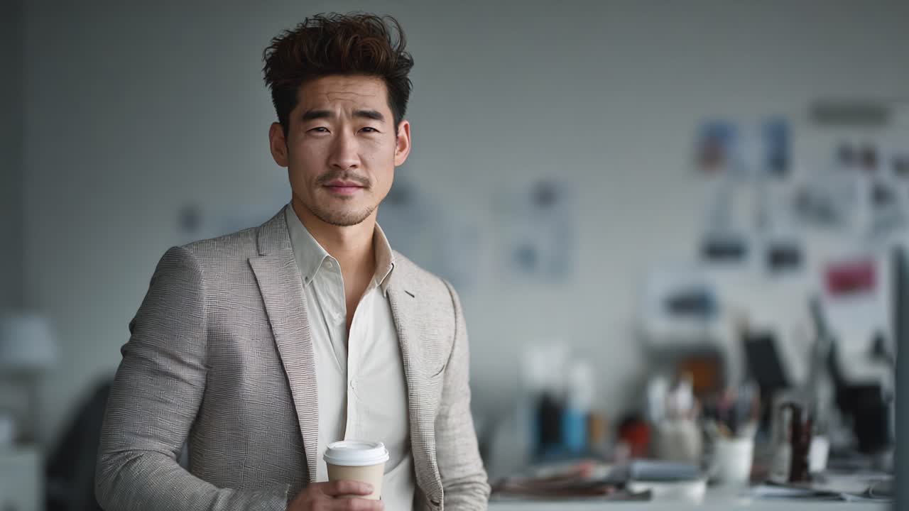 A Captivating Man in a Stylish Suit Holding Coffee in a Modern Office Setting, Displaying Confidence and Professionalism in Two Frames