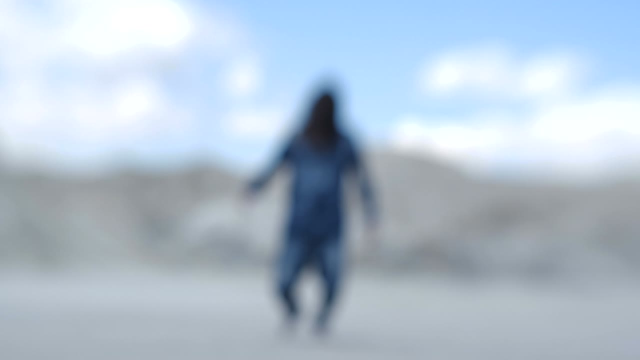 lonely exhausted traveler lying in desert. long-haired man in dirty clothes falls on the hot sand. Unfocused shot with lens baby 4k slow motion 50 fps