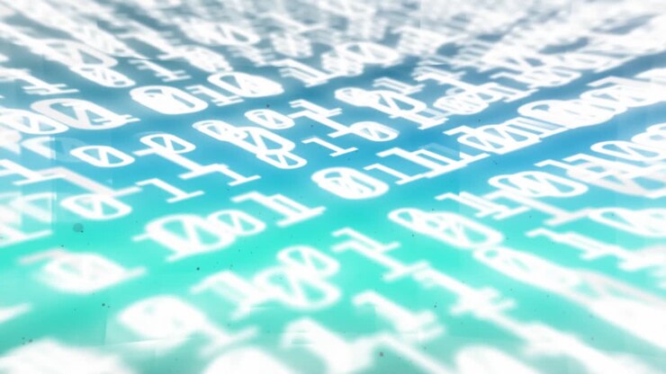 Digital animation of binary coding data processing against blue and green gradient background