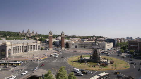 the famous landmark of plaza espanya roundabout with the venetian towers in the city center of barcelona