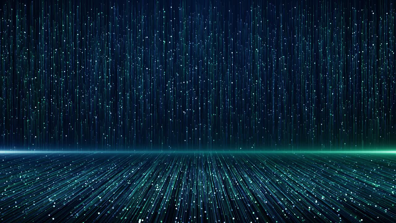 青緑のパーティクルが舞う、イベント、ゲームトレーラー、タイトル、シネマティック、コンサートステージ向けの背景ループ