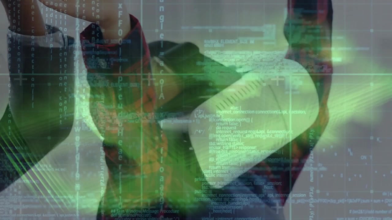 Animation of light trails with data processing over diverse schoolchildren