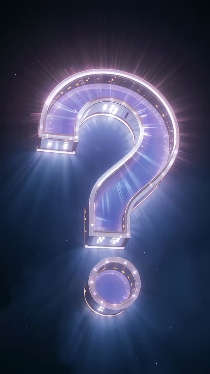 Vertical video: Rotating lit 3D question mark showing rim lights and dot on start in dark void