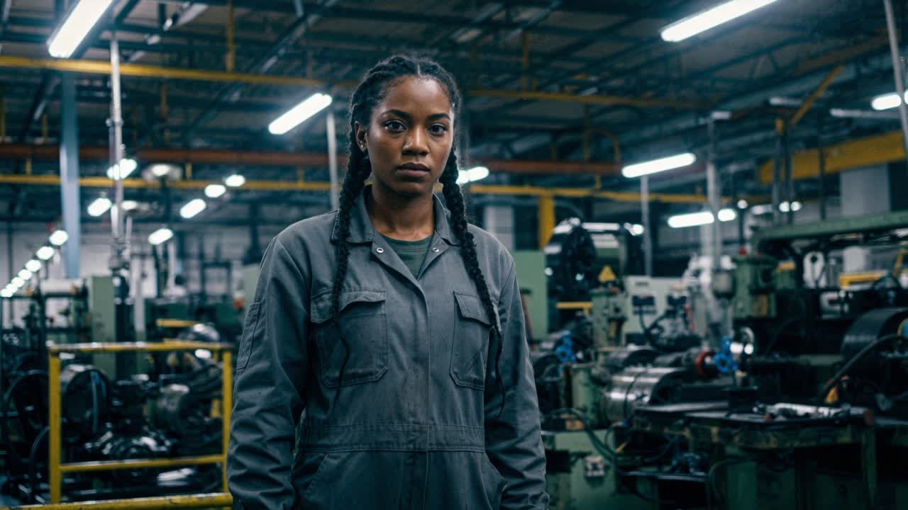 A confident female engineer stands in the midst of a busy manufacturing facility. With her hair in braids and wearing a work uniform, she exudes determination and focus. The space is filled with machinery and tools, highlighting the industrial environment. Bright overhead lights illuminate the area 