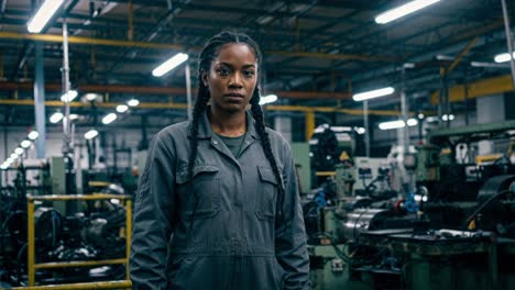 a confident female engineer stands in the midst of a busy manufacturing facility. with her hair in braids and wearing a work uniform, she exudes determination and focus. the space is filled with machinery and tools, highlighting the industrial environment. bright overhead lights illuminate the area