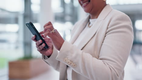 phone, hands or businesswoman laughing in office