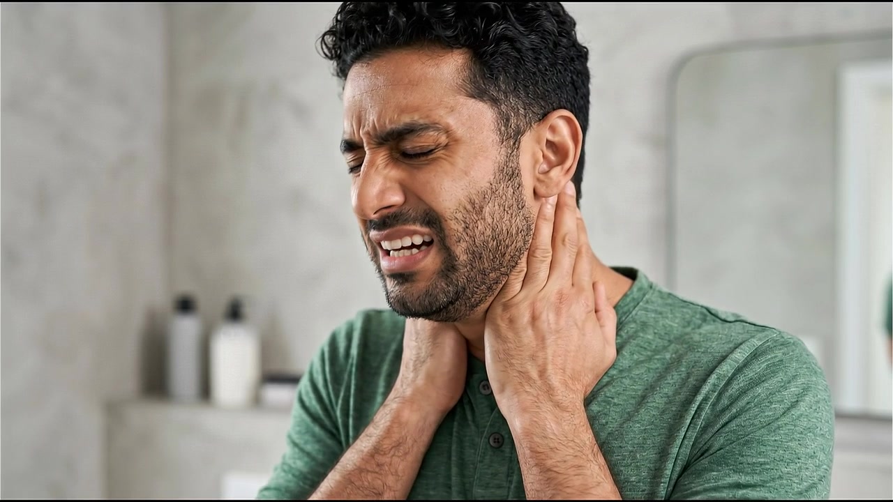 Uomo che si tiene il collo con segni di disagio fisico.