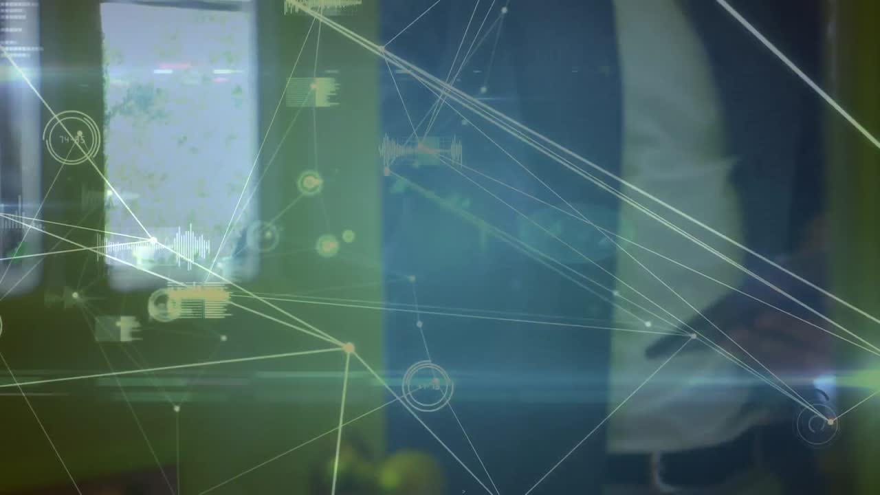 Animation of network of connection over man using smartphone