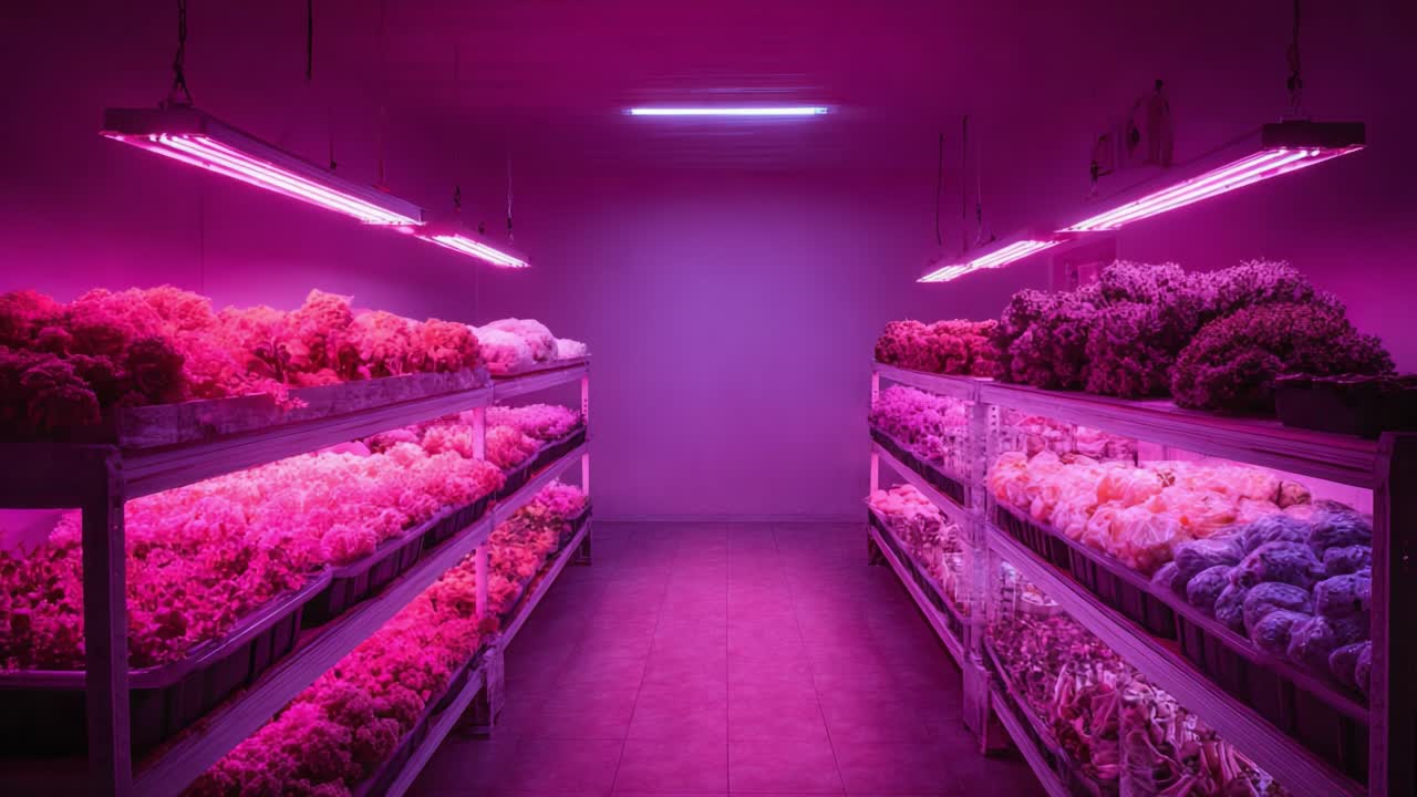Strahlend beleuchtete Blumenausstellung in neonpinken Farbtönen, die eine üppige Sammlung bunter Blumen in einem gut organisierten Innenraum präsentiert