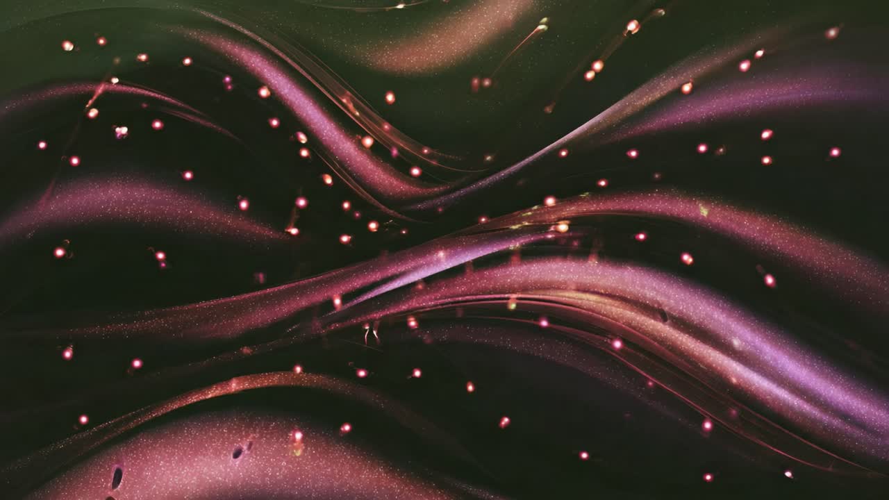 Luminous purple and pink energy waves flowing gracefully across a dark background, accompanied by sparkling particles creating a dynamic and mesmerizing abstract motion design for presentations