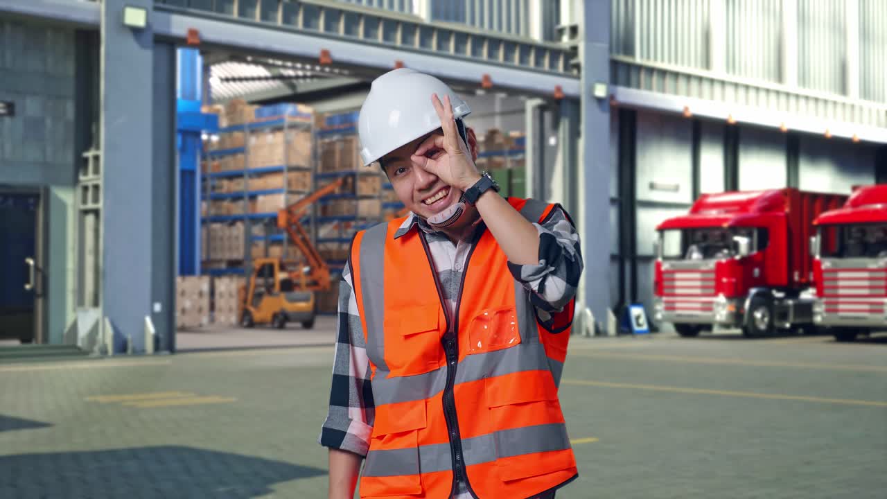 Asian Male Engineer With Safety Helmet Showing Ok Hand Sign Over Eye And Smiling To Camera While Standing , Outside of Logistics Distributions Warehouse