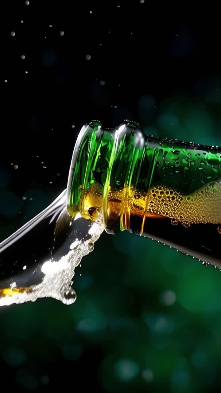 Bottiglia verde rinfrescante che versa acqua ghiacciata con goccioline e bollicine frizzanti, catturando l'essenza del ristoro e dell'idratazione in vivaci tonalità di verde.