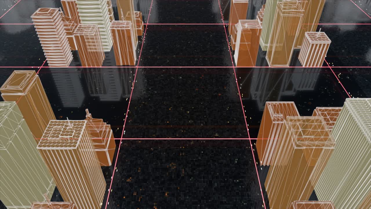 concepto de arquitectura moderna y planificación urbana, fondo 3d. animación. diseño naranja de la ciudad en fondo estelar cósmico