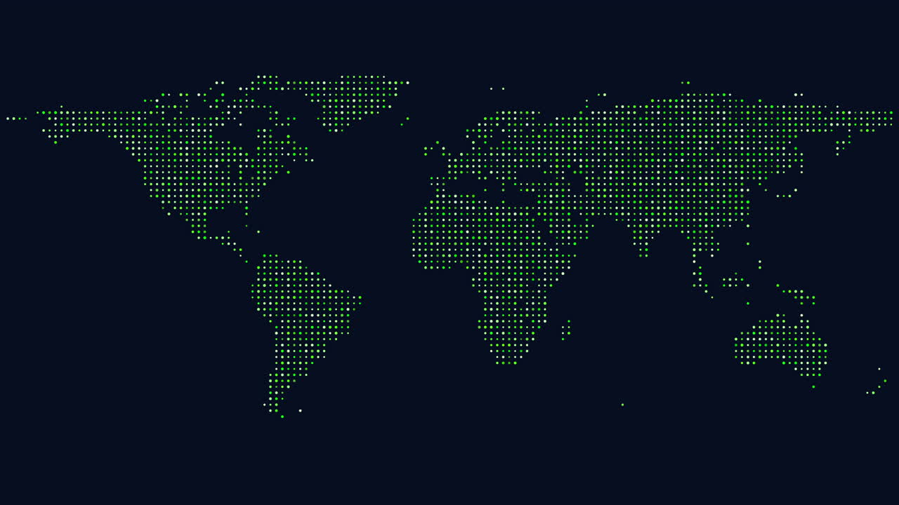 mapa del mundo pixelado una cuadrícula verde de ubicaciones en blanco y negro