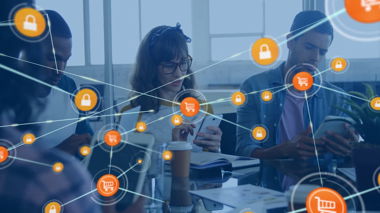 Animation eines Netzwerks von Verbindungen mit Einkaufswagen-Symbolen über verschiedenen Geschäftsleuten im Büro.