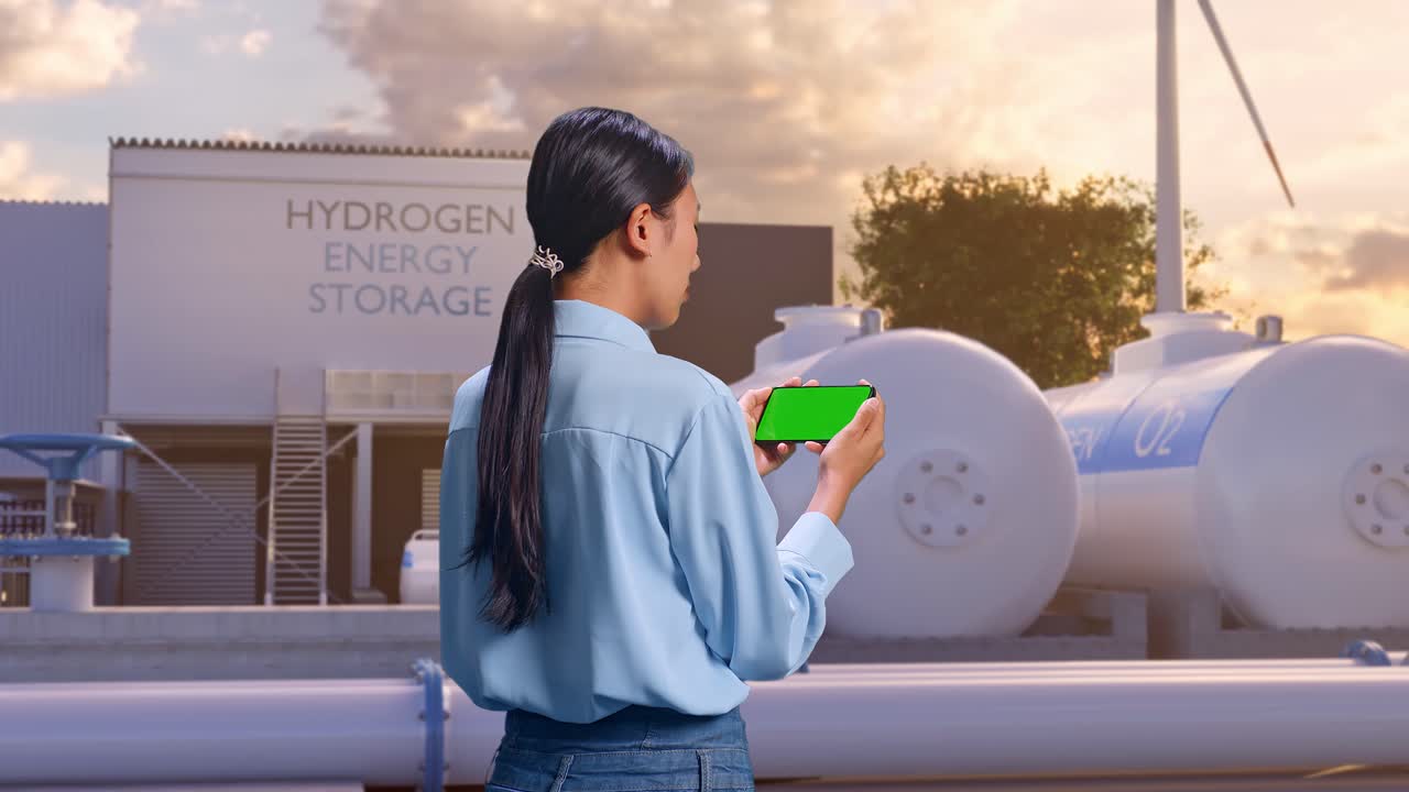 초록색 화면을 가진 스마트폰을 확인하고 공장을 보는 아시아 여성 전문 노동자가 초록색 수소 공장, 첨단 기술 산업 시설에 서있는 뒷면