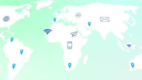 animation of world map with location marks and tech icons on green background