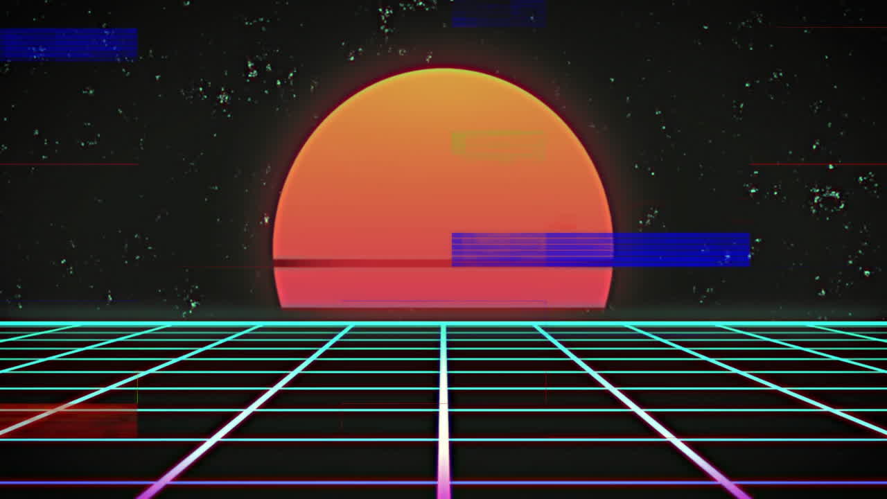 Retro sunset with grid and glitch effects animation over starry background