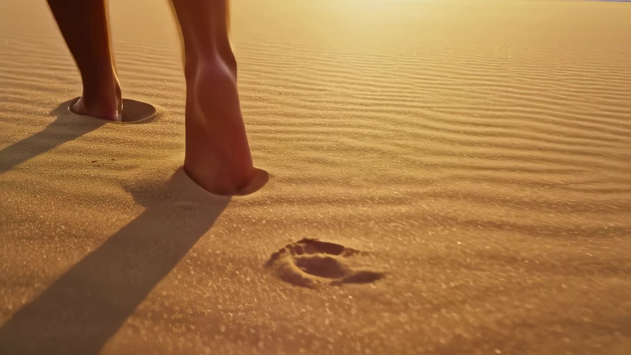 Human feet walking barefoot on pristine sandy shoreline during golden sunset, creating meandering footprint trail across soft, warm landscape