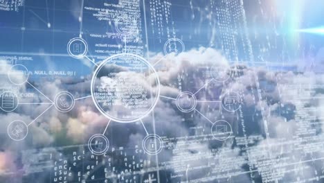 animation of data processing over network of connections against blue sky with clouds