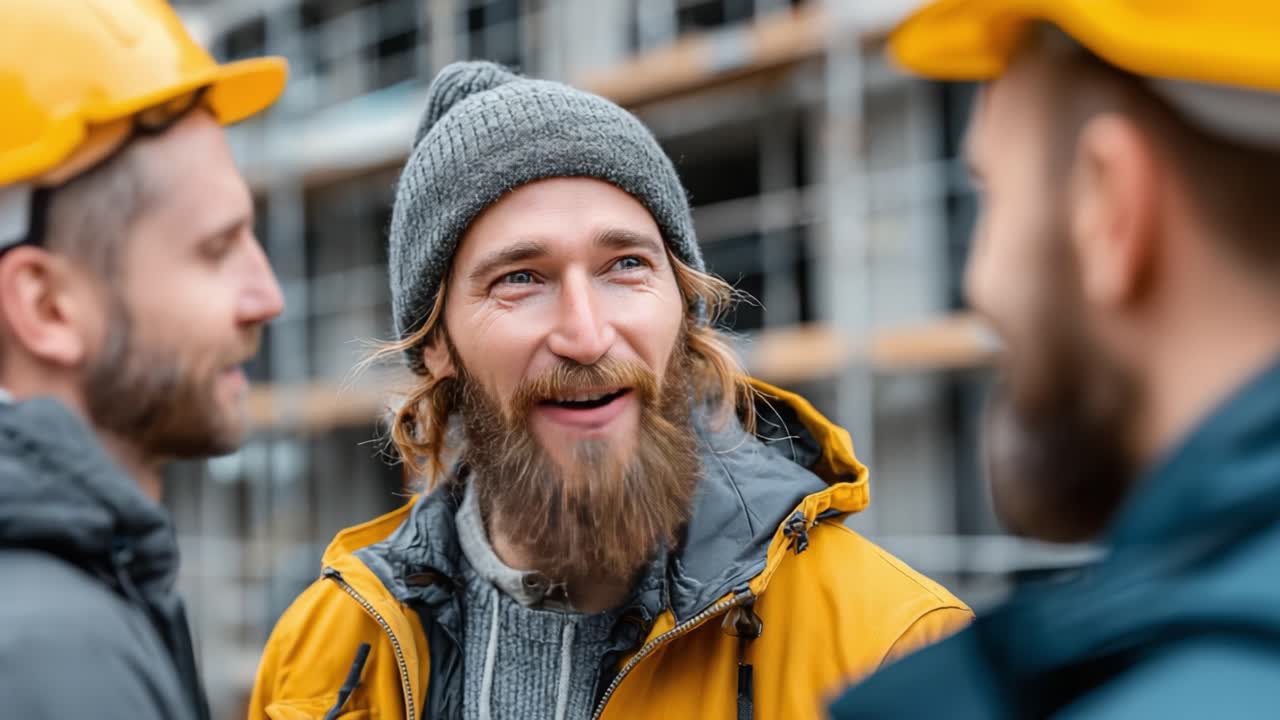 A group of construction workers engages in a lively discussion, showcasing camaraderie and teamwork while enjoying a break on a building site amidst ongoing construction activities