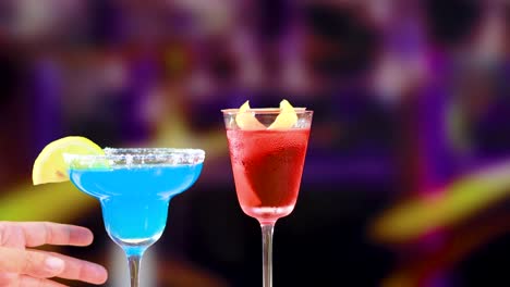 blue and red cocktails clink together in a lively, colorful bar environment with dynamic lighting and vibrant hues