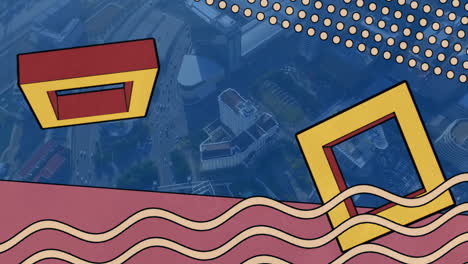 animation of abstract geometric shapes overlaying aerial view of urban landscape