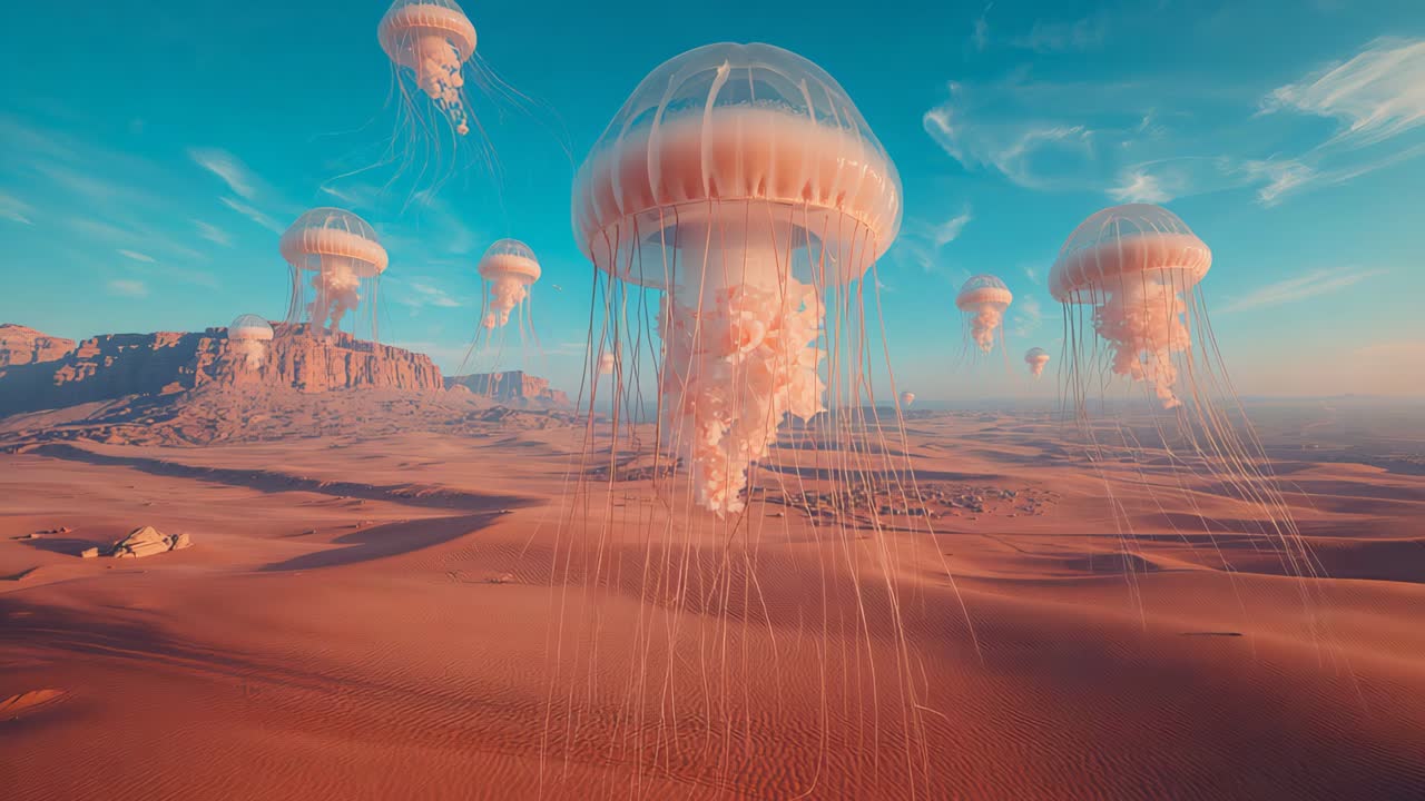 Camera dollying forward unveiling central jellyfish over desert plain, detailing fine tentacles