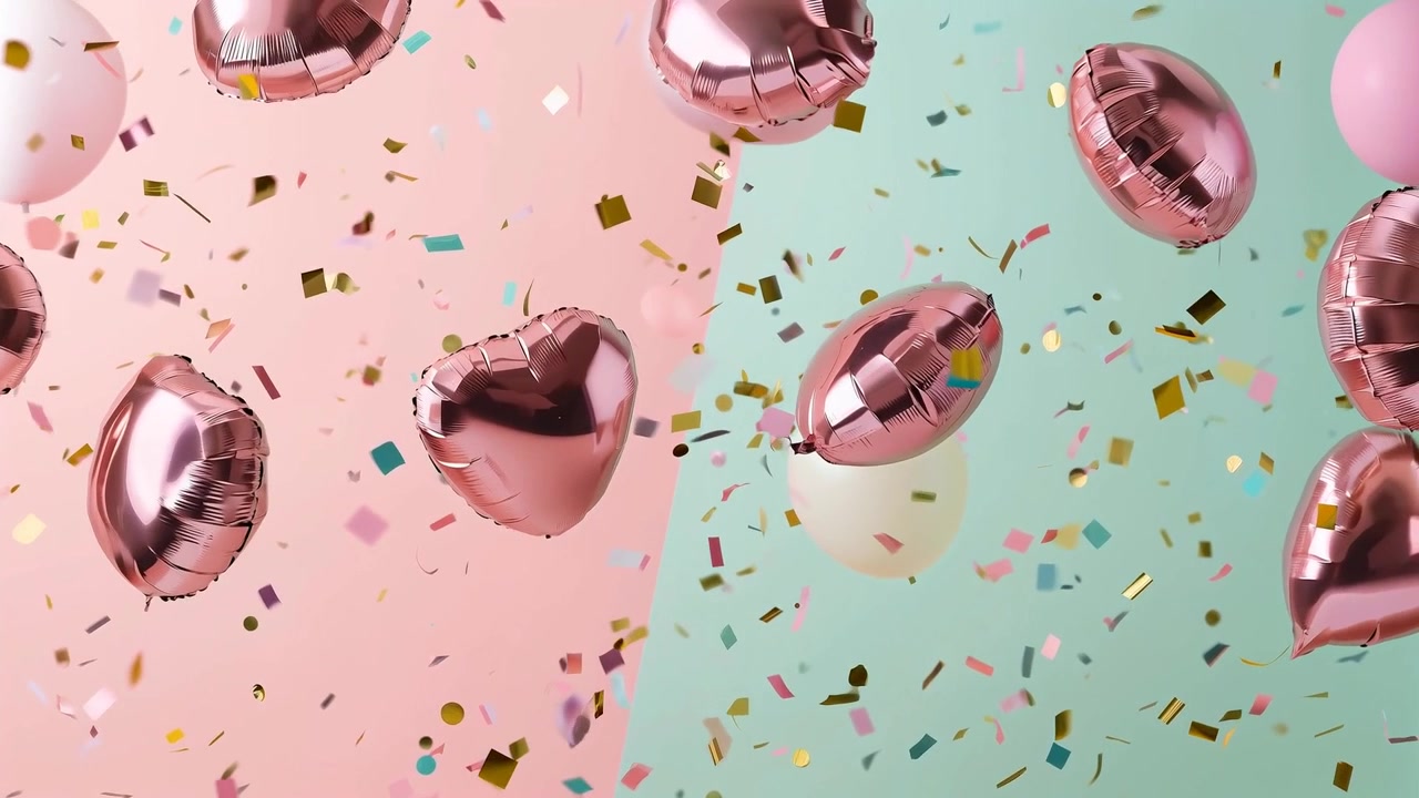 Lancio di coriandoli che fanno fluttuare palloncini in lamina color oro rosa verso destra in studio, sfondo rosa menta.