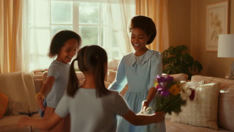 a heartwarming family embrace in a cozy home with flowers