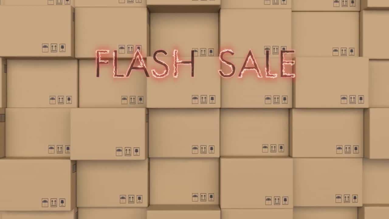 ⁇ 은 네온 플래시 판매 텍스트 배너 배경에 배달 상자의 스택에 대해