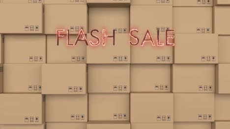 Neon-red-flash-sale-text-banner-against-stack-of-delivery-boxes-in-background