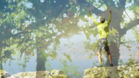 man jumping on rocks on top of a mountatin 4k