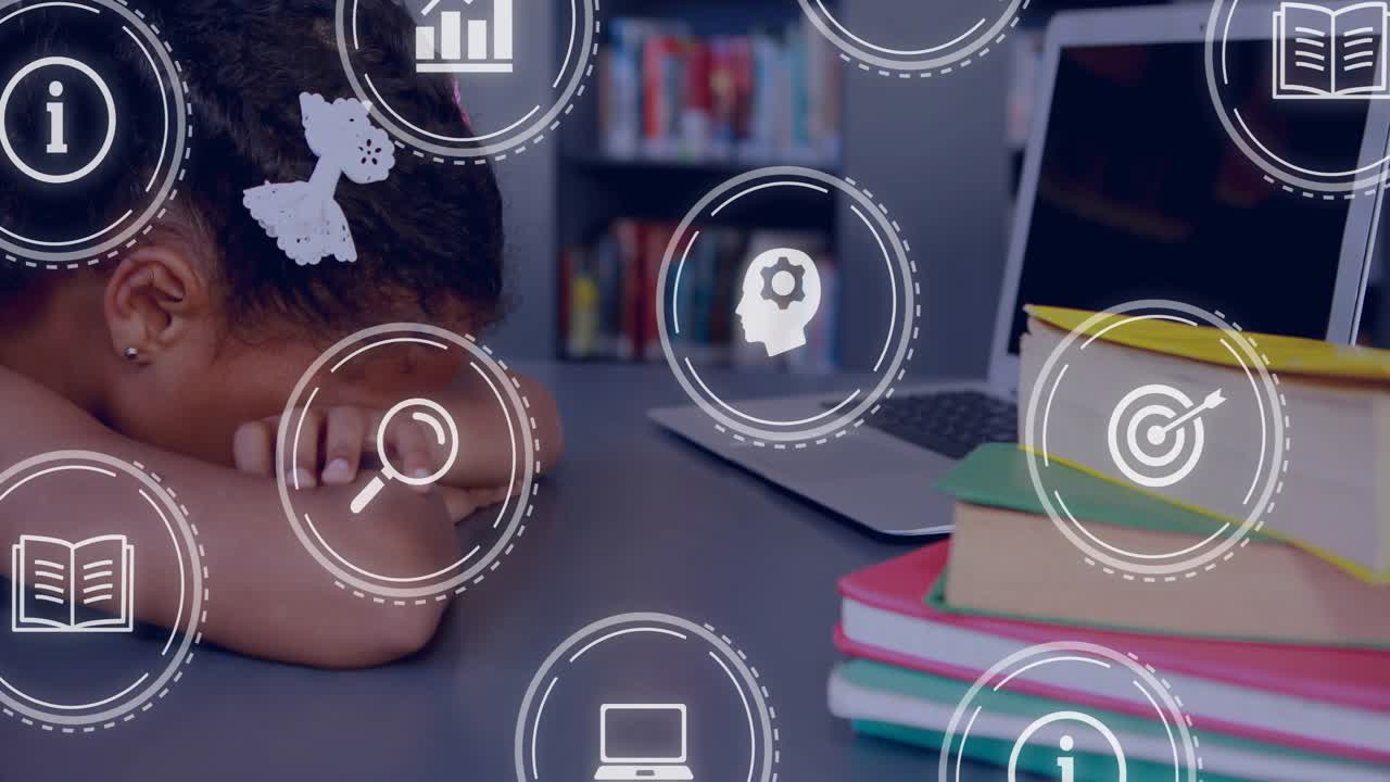Student resting head at table overlay icons appearing drifting obscuring her books laptop learning