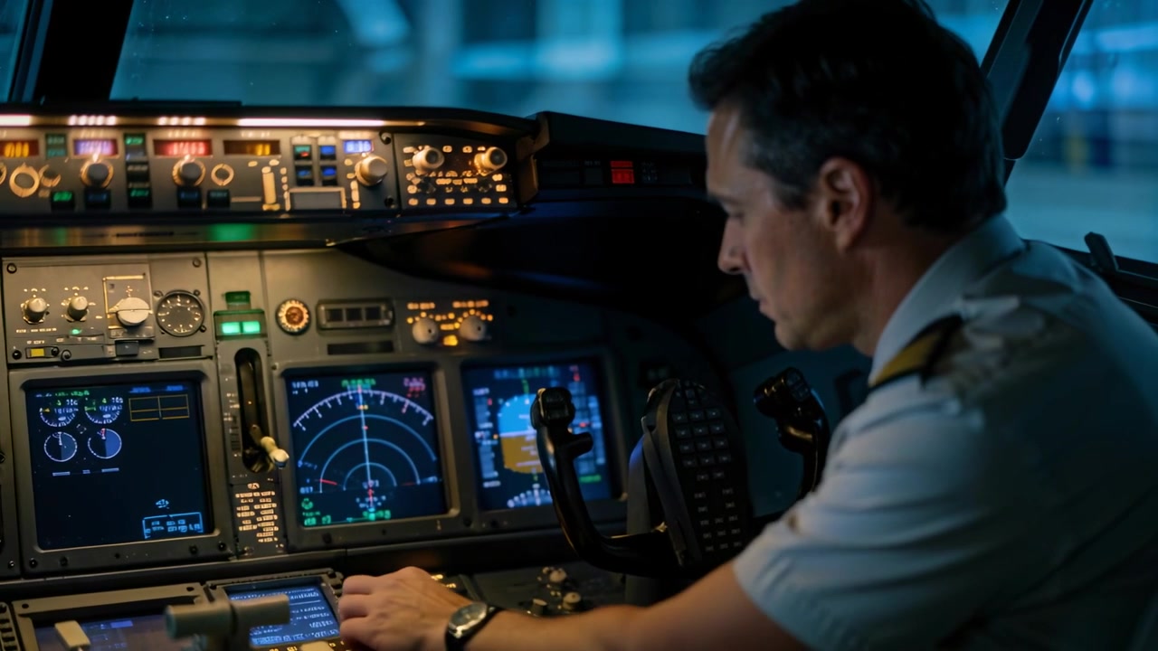 Seeing PFD alerts, airline pilot adjusting throttle, autopilot in flight deck, epaulets, copy space