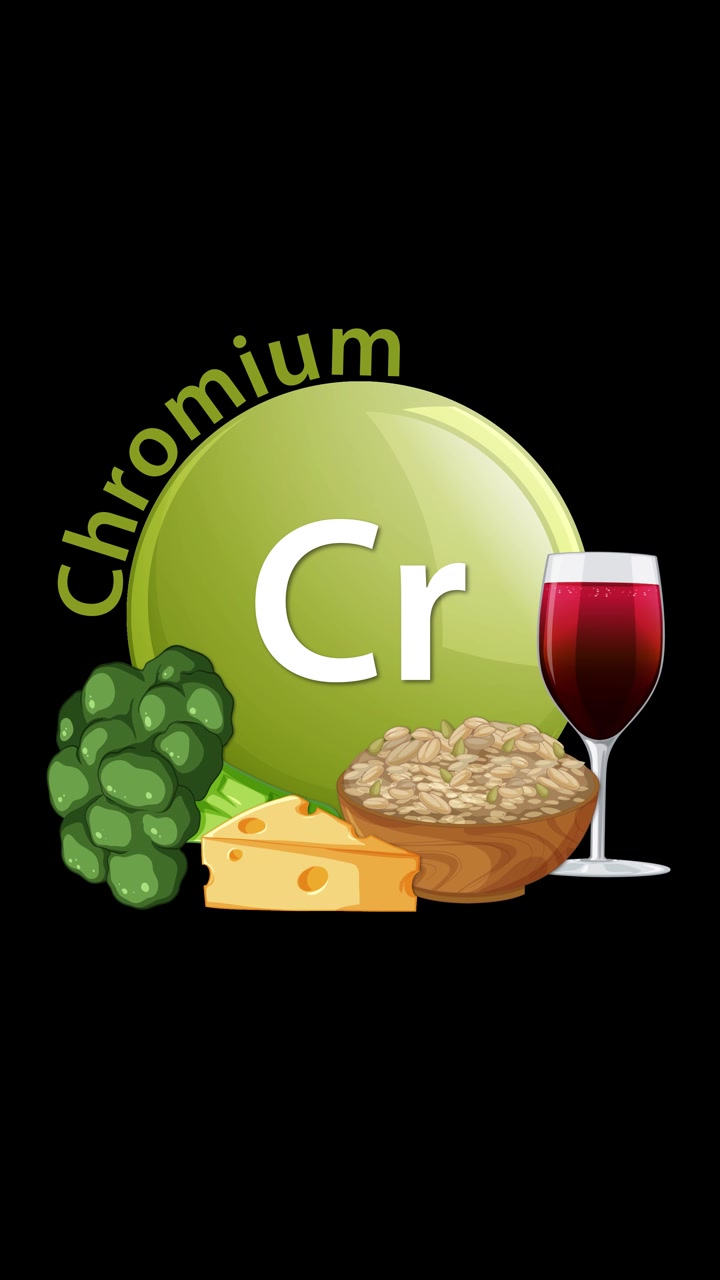Un simbolo di cromo verde si anima mentre appaiono alimenti come broccoli, formaggio, cereali e un bicchiere di vino, evidenziando le fonti alimentari su uno sfondo nero.