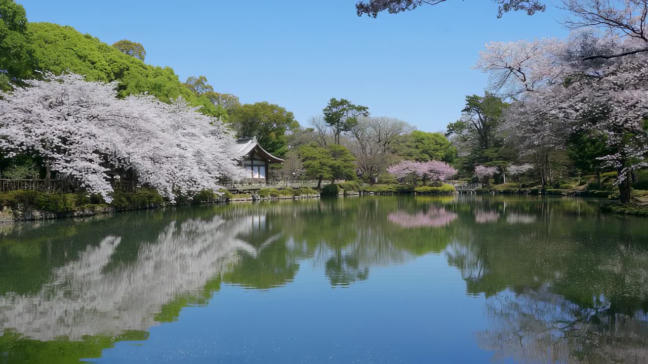 Serene japanese landscape featuring cherry blossoms reflecting on calm lake waters, traditional architecture surrounded by blooming trees under bright sunlight
