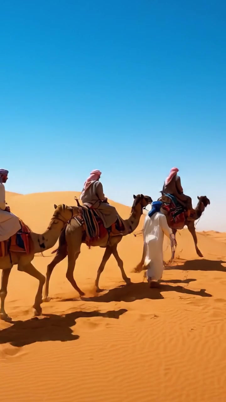 Maestoso viaggio nel deserto: Una carovana di cammelli e viaggiatori che attraversa sabbie dorate sotto ampi cieli blu nel cuore del paesaggio desertico.