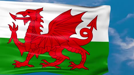 video animation of wales flag waving in the wind on blue sky background